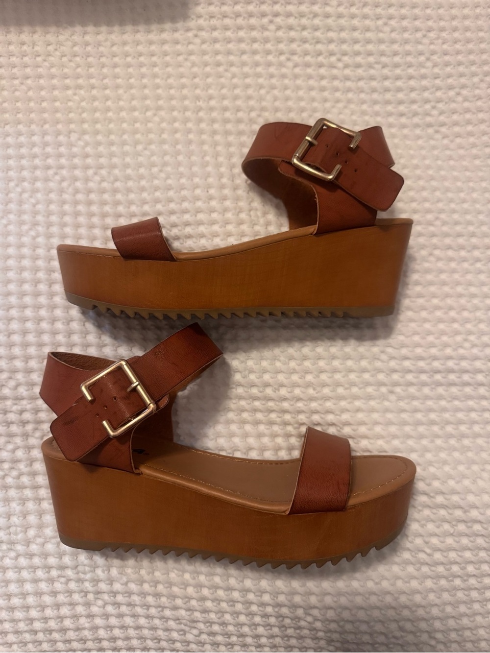 Soda Tan Platform Wedge Sandals with Gold Buckle